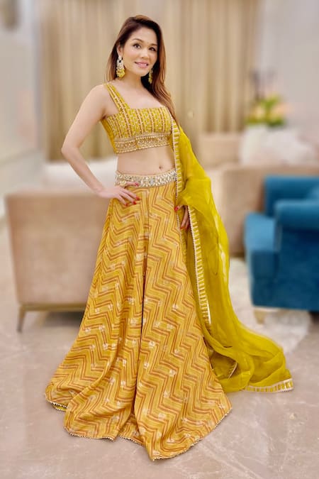 Banarasi Silk Satin Striped Yellow Lehenga Set With Designer Blouse –  SILKFAB