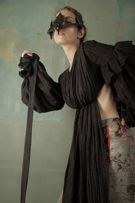 Nidhi Yasha_Black Viscose, Pant Lurex Dobby Floral Motifs Flared Sleeve Top And Printed Set _Online_at_Aza_Fashions