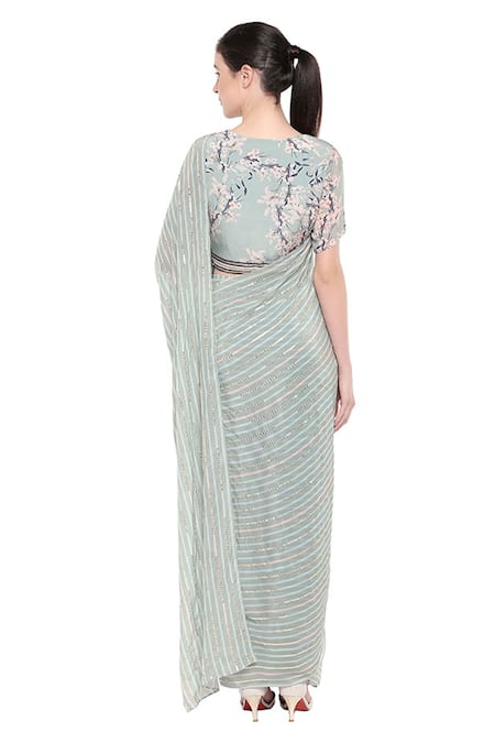 Shop_Soup By Sougat Paul_Blue Crepe Round Printed Pre-draped Saree With Blouse _at_Aza_Fashions