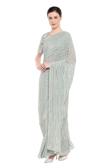 Soup By Sougat Paul_Blue Crepe Round Printed Pre-draped Saree With Blouse _Online_at_Aza_Fashions