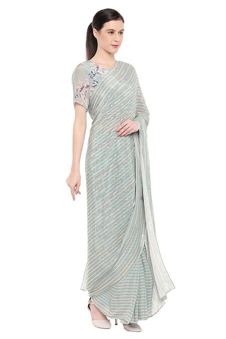 Buy_Soup By Sougat Paul_Blue Crepe Round Printed Pre-draped Saree With Blouse _Online_at_Aza_Fashions