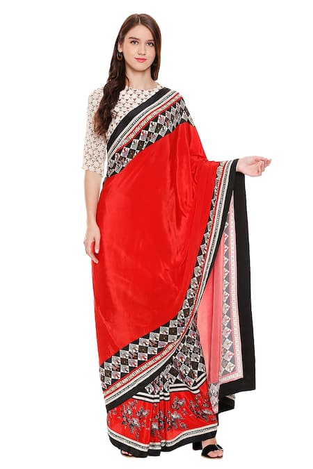 Buy Soup By Sougat Paul Red Crepe Round Pre-stitched Saree With Blouse at Aza Fashions Buy_Soup By Sougat Paul_Red Crepe Round Pre-stitched Saree With Blouse _at_Aza_Fashions