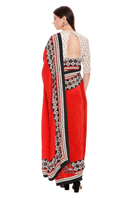 Shop Soup By Sougat Paul Red Crepe Round Pre-stitched Saree With Blouse at Aza Fashions Shop_Soup By Sougat Paul_Red Crepe Round Pre-stitched Saree With Blouse _at_Aza_Fashions