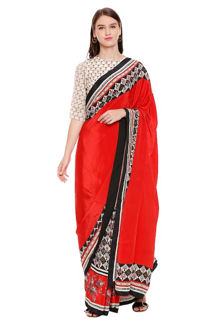 Soup By Sougat Paul Red Crepe Round Pre-stitched Saree With Blouse Online at Aza Fashions Soup By Sougat Paul_Red Crepe Round Pre-stitched Saree With Blouse _Online_at_Aza_Fashions