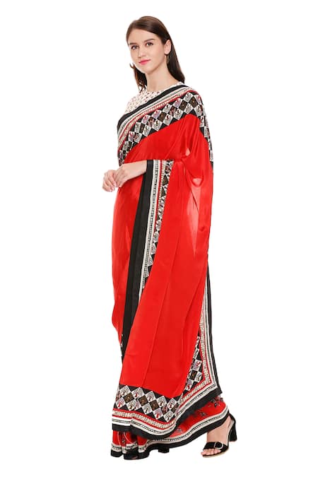 Buy Soup By Sougat Paul Red Crepe Round Pre-stitched Saree With Blouse Online at Aza Fashions Buy_Soup By Sougat Paul_Red Crepe Round Pre-stitched Saree With Blouse _Online_at_Aza_Fashions