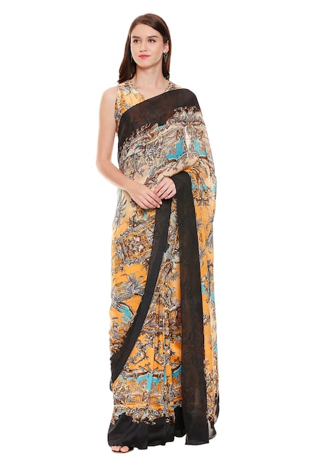 Soup By Sougat Paul_Yellow Crepe, Chiffon, Malaysian Silk V Neck Pre-stitched Saree With Blouse _Online_at_Aza_Fashions