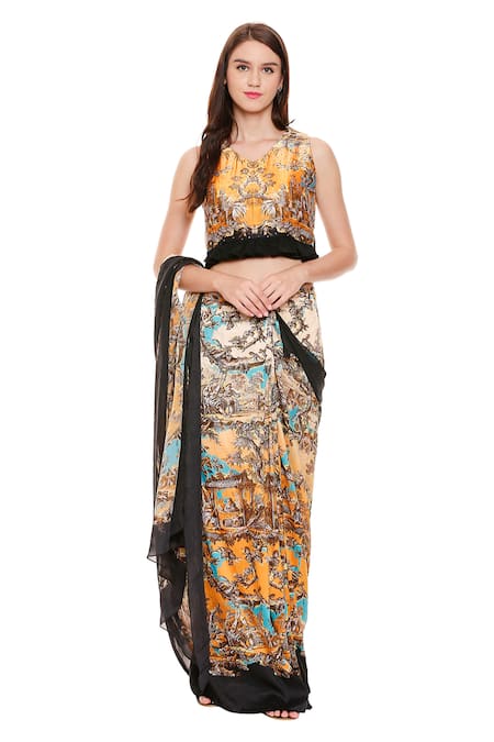 Buy_Soup By Sougat Paul_Yellow Crepe, Chiffon, Malaysian Silk V Neck Pre-stitched Saree With Blouse _Online_at_Aza_Fashions