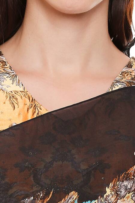 Soup By Sougat Paul_Yellow Crepe, Chiffon, Malaysian Silk V Neck Pre-stitched Saree With Blouse _at_Aza_Fashions