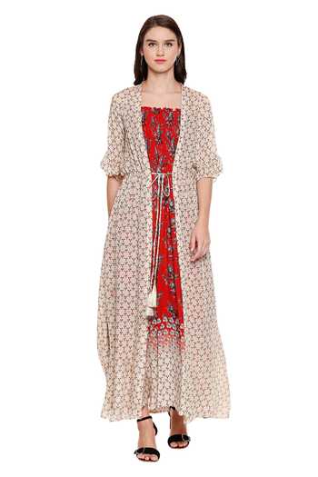 Soup By Sougat Paul_Red Chiffon, Muslin Slub Square Neck Printed Dress With Jacket _Online_at_Aza_Fashions