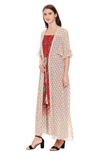 Shop_Soup By Sougat Paul_Red Chiffon, Muslin Slub Square Neck Printed Dress With Jacket _Online_at_Aza_Fashions