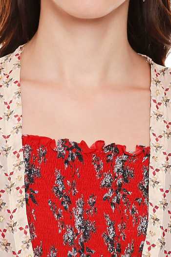 Soup By Sougat Paul_Red Chiffon, Muslin Slub Square Neck Printed Dress With Jacket _at_Aza_Fashions