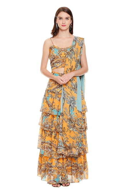 Soup By Sougat Paul_Yellow Chiffon U Neck Printed Top And Layered Skirt Set _Online_at_Aza_Fashions