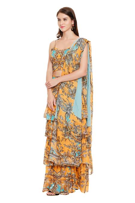 Shop_Soup By Sougat Paul_Yellow Chiffon U Neck Printed Top And Layered Skirt Set _Online_at_Aza_Fashions