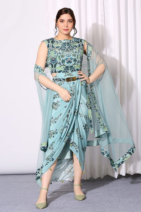 Soup By Sougat Paul Blue Net, Crepe Round Draped Dress With Cape Online at Aza Fashions Soup By Sougat Paul_Blue Net, Crepe Round Draped Dress With Cape _Online_at_Aza_Fashions