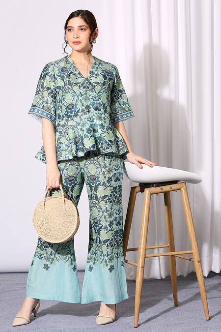 Soup By Sougat Paul_Blue Linen V Neck Peplum Top And Pant Set _Online_at_Aza_Fashions