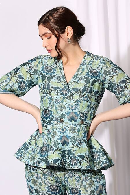 Buy_Soup By Sougat Paul_Blue Linen V Neck Peplum Top And Pant Set _Online_at_Aza_Fashions