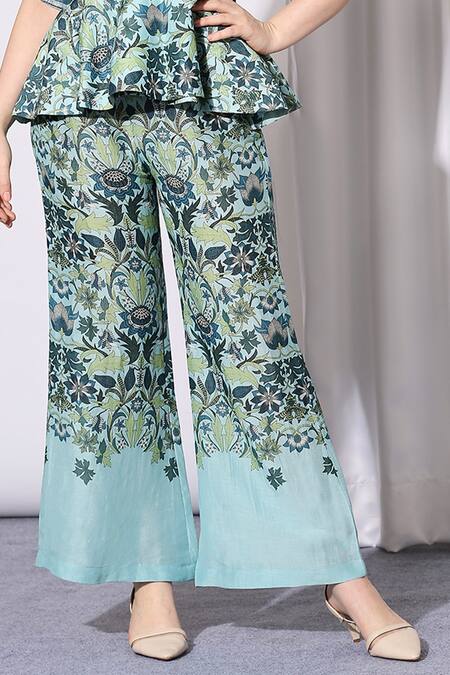 Shop_Soup By Sougat Paul_Blue Linen V Neck Peplum Top And Pant Set _Online_at_Aza_Fashions