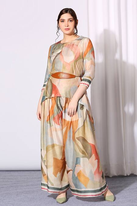 Soup By Sougat Paul_Multi Color Cotton Silk Round Printed Top And Palazzo Set _Online_at_Aza_Fashions