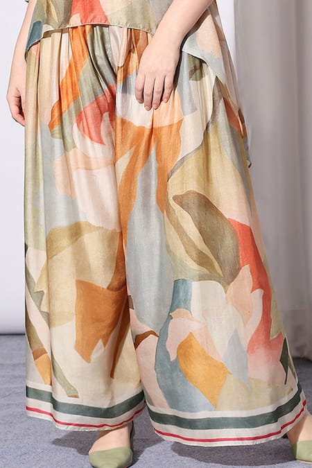 Soup By Sougat Paul_Multi Color Cotton Silk Round Printed Top And Palazzo Set _at_Aza_Fashions