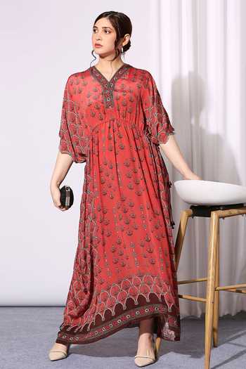 Soup By Sougat Paul Orange Crepe V Neck Floral Motif Kaftan Dress Online at Aza Fashions Soup By Sougat Paul_Orange Crepe V Neck Floral Motif Kaftan Dress _Online_at_Aza_Fashions