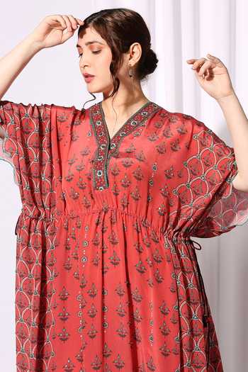 Buy Soup By Sougat Paul Orange Crepe V Neck Floral Motif Kaftan Dress Online at Aza Fashions Buy_Soup By Sougat Paul_Orange Crepe V Neck Floral Motif Kaftan Dress _Online_at_Aza_Fashions
