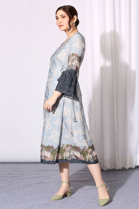 Buy_Soup By Sougat Paul_Blue Chanderi V Neck Overlap Dress _Online_at_Aza_Fashions