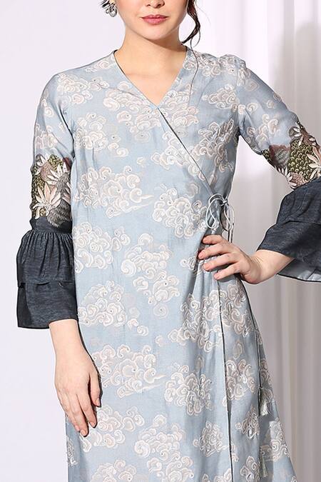 Shop_Soup By Sougat Paul_Blue Chanderi V Neck Overlap Dress _Online_at_Aza_Fashions