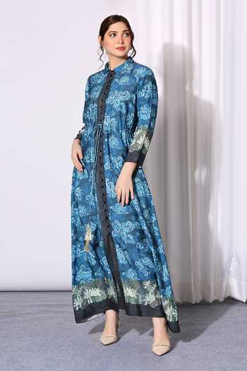 Soup By Sougat Paul Blue Chanderi Shirt Collar Printed Dress Online at Aza Fashions Soup By Sougat Paul_Blue Chanderi Shirt Collar Printed Dress _Online_at_Aza_Fashions