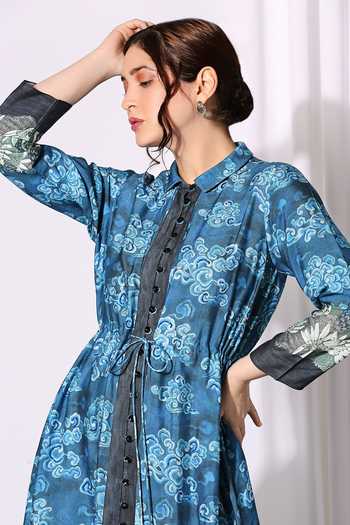 Buy Soup By Sougat Paul Blue Chanderi Shirt Collar Printed Dress Online at Aza Fashions Buy_Soup By Sougat Paul_Blue Chanderi Shirt Collar Printed Dress _Online_at_Aza_Fashions