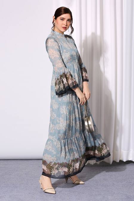 Soup By Sougat Paul_Blue Chiffon Mandarin Collar Printed Dress _Online_at_Aza_Fashions