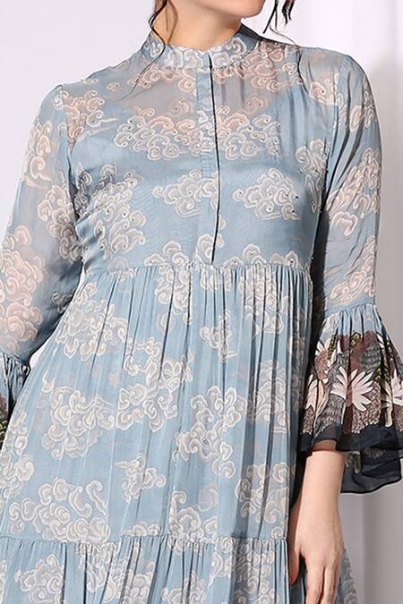 Shop_Soup By Sougat Paul_Blue Chiffon Mandarin Collar Printed Dress _Online_at_Aza_Fashions