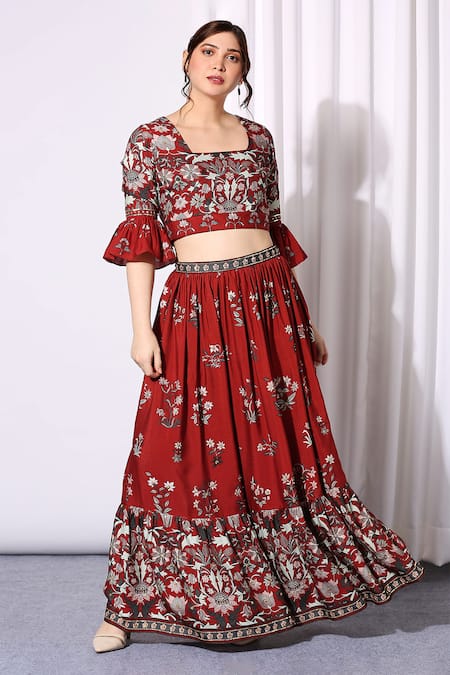 Soup By Sougat Paul_Red Net, Chanderi Square Neck Printed Lehenga Set _Online_at_Aza_Fashions