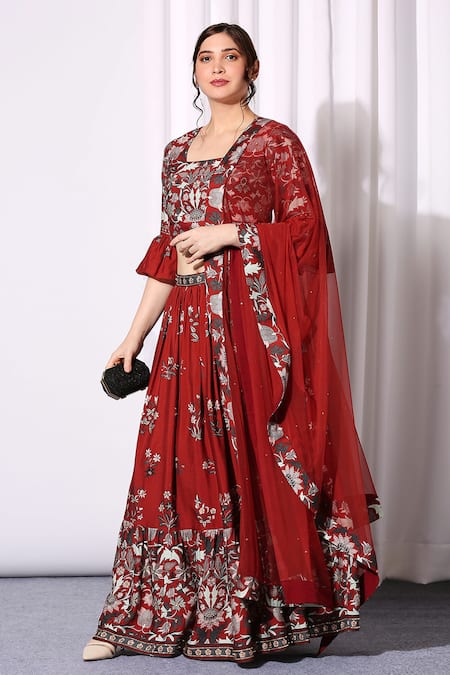 Buy_Soup By Sougat Paul_Red Net, Chanderi Square Neck Printed Lehenga Set _Online_at_Aza_Fashions