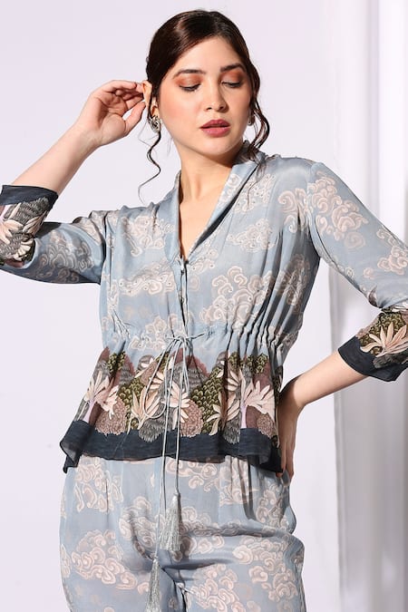 Buy_Soup By Sougat Paul_Blue Crepe V Neck Printed Top And Pant Set _Online_at_Aza_Fashions