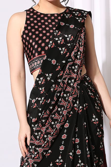 Shop_Soup By Sougat Paul_Black Crepe Round Printed Pre-draped Saree Set _Online_at_Aza_Fashions