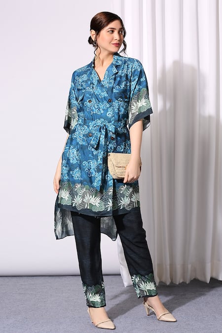 Soup By Sougat Paul_Blue Chanderi Notched Printed Tunic And Pant Set _Online_at_Aza_Fashions