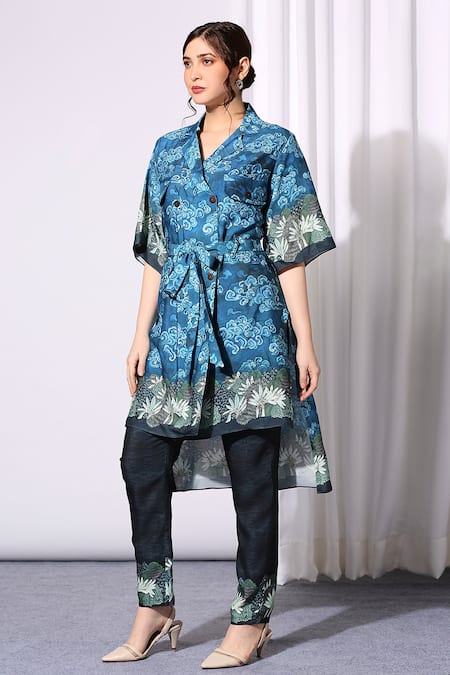 Buy_Soup By Sougat Paul_Blue Chanderi Notched Printed Tunic And Pant Set _Online_at_Aza_Fashions