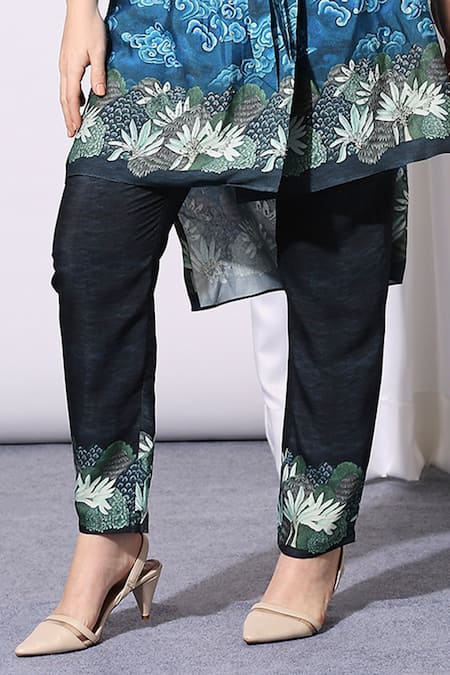 Soup By Sougat Paul_Blue Chanderi Notched Printed Tunic And Pant Set _at_Aza_Fashions