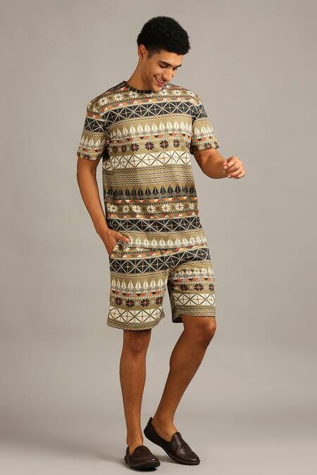 Soup By Sougat Paul_Green Knit Floral, Geometric Printed Shorts Set _Online_at_Aza_Fashions