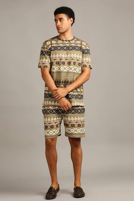 Buy_Soup By Sougat Paul_Green Knit Floral, Geometric Printed Shorts Set _Online_at_Aza_Fashions