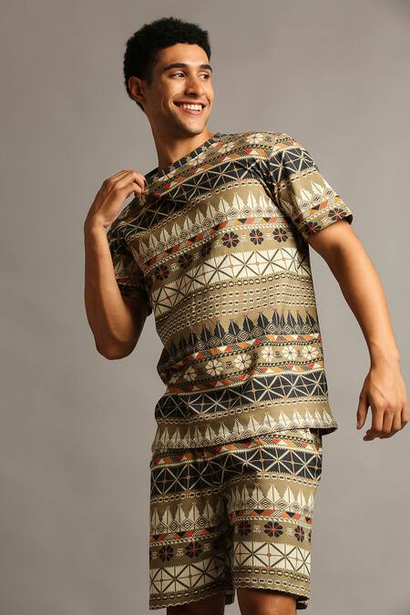 Shop_Soup By Sougat Paul_Green Knit Floral, Geometric Printed Shorts Set _Online_at_Aza_Fashions