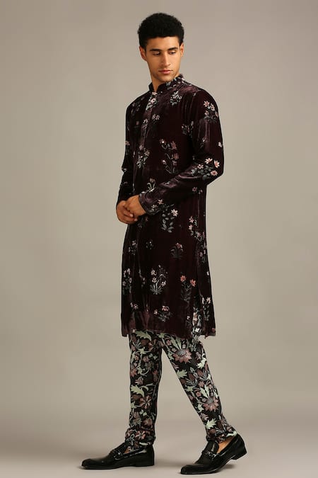 Soup By Sougat Paul Maroon Silk, Velvet Floral Printed Kurta Set Online at Aza Fashions Soup By Sougat Paul_Maroon Silk, Velvet Floral Printed Kurta Set _Online_at_Aza_Fashions