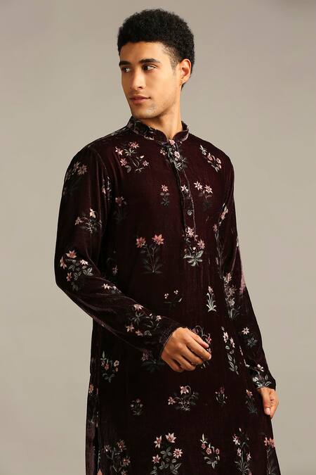 Buy Soup By Sougat Paul Maroon Silk, Velvet Floral Printed Kurta Set Online at Aza Fashions Buy_Soup By Sougat Paul_Maroon Silk, Velvet Floral Printed Kurta Set _Online_at_Aza_Fashions