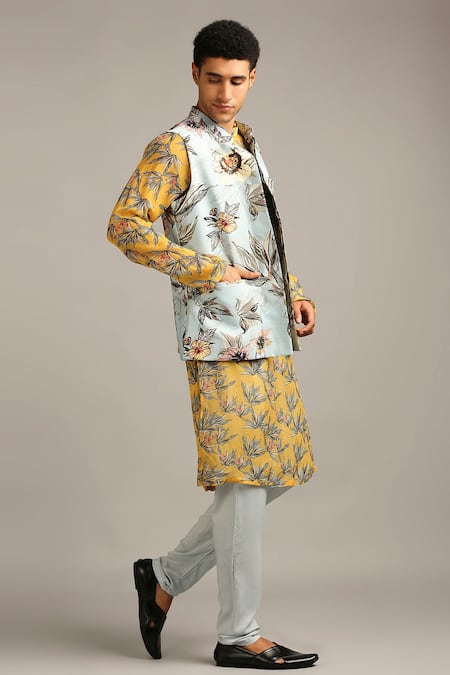 Soup By Sougat Paul_Yellow Silk, Organza Floral Print Bundi And Kurta Set _Online_at_Aza_Fashions