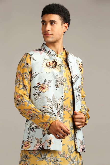 Buy_Soup By Sougat Paul_Yellow Silk, Organza Floral Print Bundi And Kurta Set _Online_at_Aza_Fashions