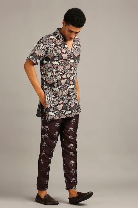 Soup By Sougat Paul Maroon Silk Floral Print Short Kurta Set Online at Aza Fashions Soup By Sougat Paul_Maroon Silk Floral Print Short Kurta Set _Online_at_Aza_Fashions