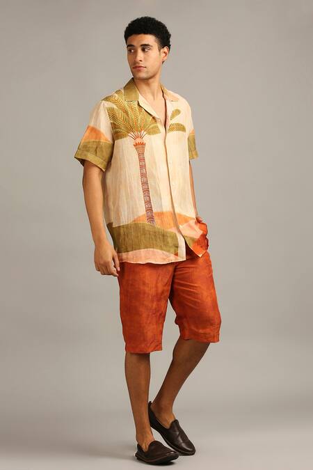 Soup By Sougat Paul_Beige Silk Nature Print Shorts Set _Online_at_Aza_Fashions