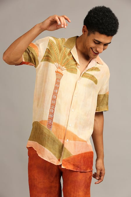 Shop_Soup By Sougat Paul_Beige Silk Nature Print Shorts Set _Online_at_Aza_Fashions