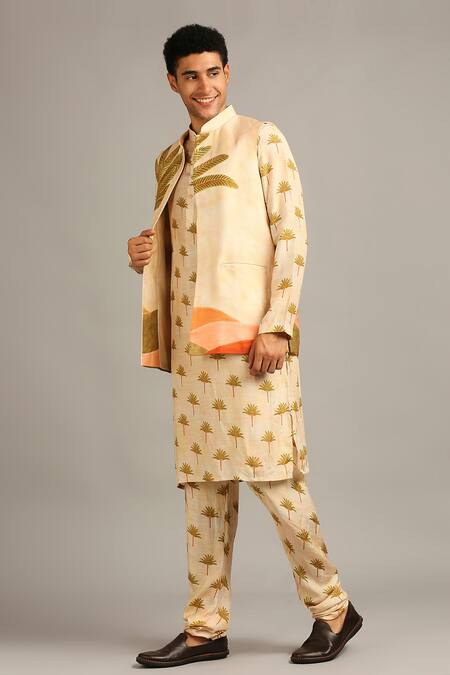 Soup By Sougat Paul Beige Silk Nature Print Bundi And Kurta Set Online at Aza Fashions Soup By Sougat Paul_Beige Silk Nature Print Bundi And Kurta Set _Online_at_Aza_Fashions