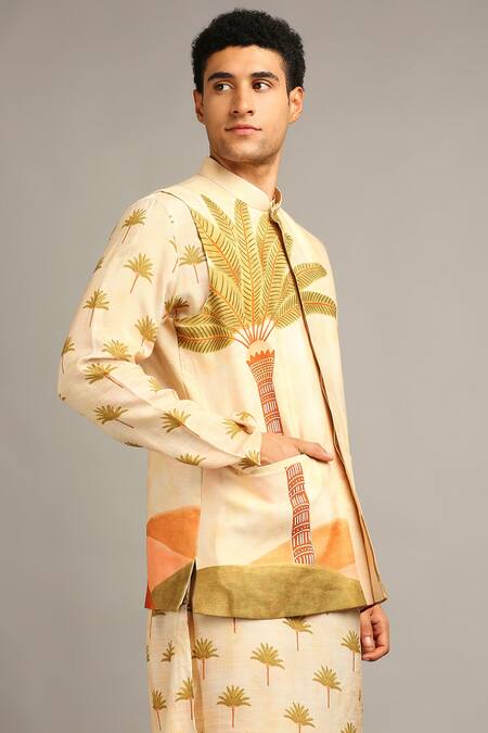 Shop Soup By Sougat Paul Beige Silk Nature Print Bundi And Kurta Set Online at Aza Fashions Shop_Soup By Sougat Paul_Beige Silk Nature Print Bundi And Kurta Set _Online_at_Aza_Fashions